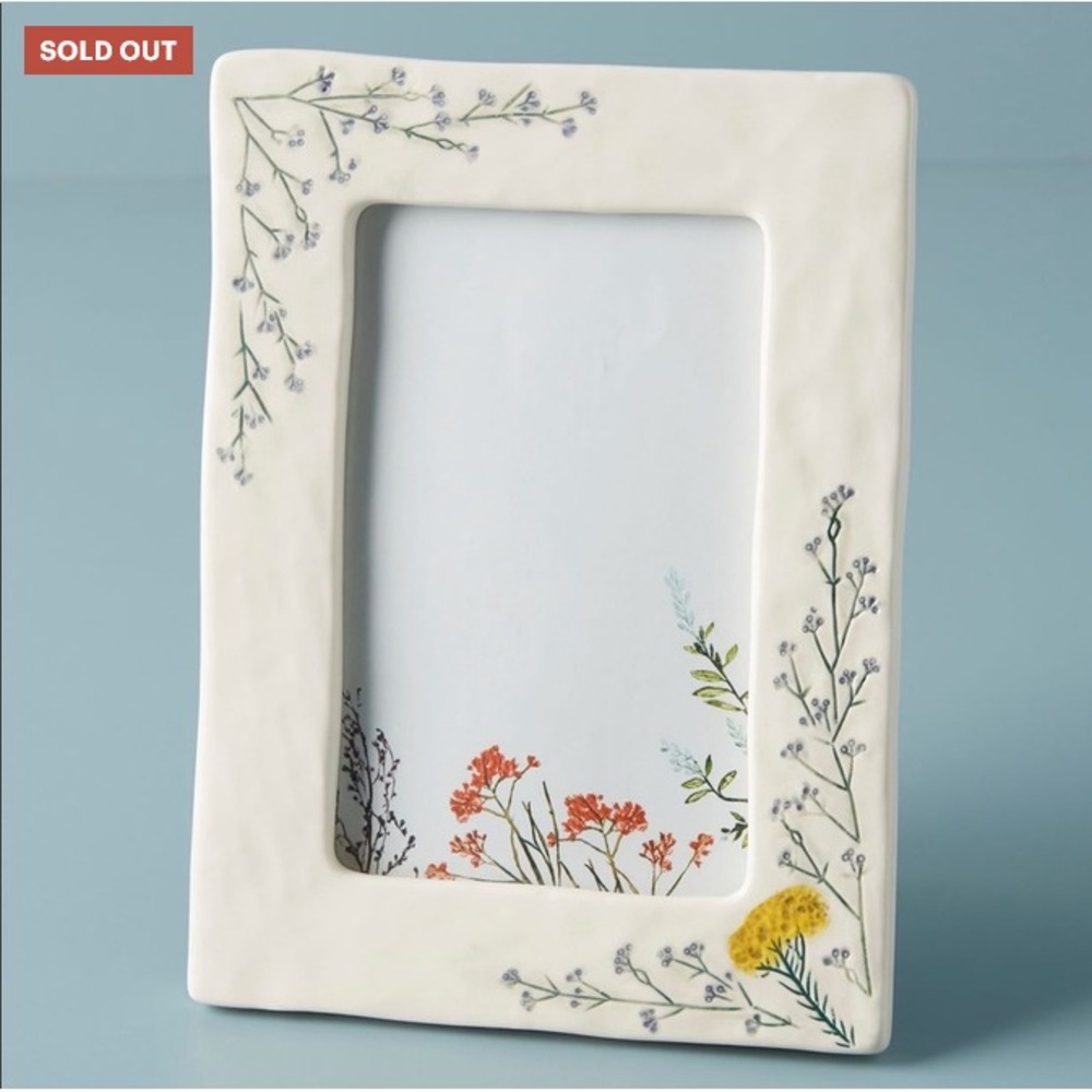 Anthropologie Picture Frame Dagny Cream Ceramic w Floral Embossed Hand Painted